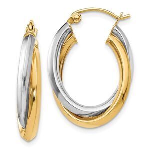 4mm Polished Crossover Oval Hoop Earrings in 14k Two Tone Gold, 22mm